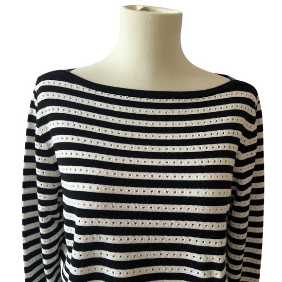 PER SE SWEATER L STRIPED VEGAN LEATHER DETAIL EYELET CASUAL OFFICE PREP - Picture 3 of 13